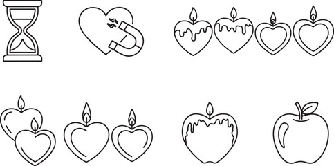 Romantic line icon set with heart candles, hourglass and magnetic love symbols