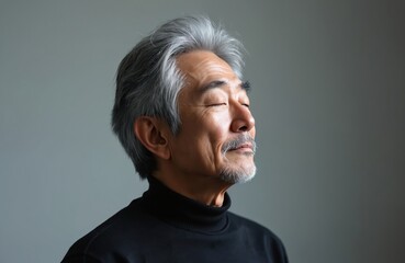 Obraz premium Mature Japanese man with gray hair relaxes with eyes closed. Profile view, side lighting creates soft shadows. Calmness, inner peace and wisdom conveyed in this studio portrait.