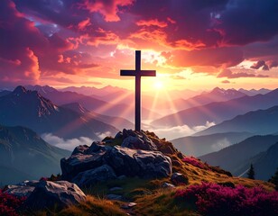 A serene mountain landscape with a cross at sunrise