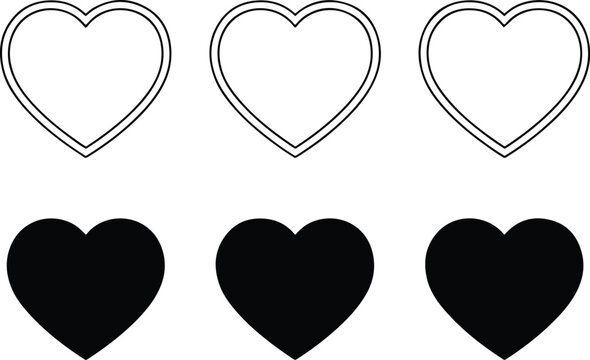 Three outlined white hearts above three solid black hearts arranged in two rows