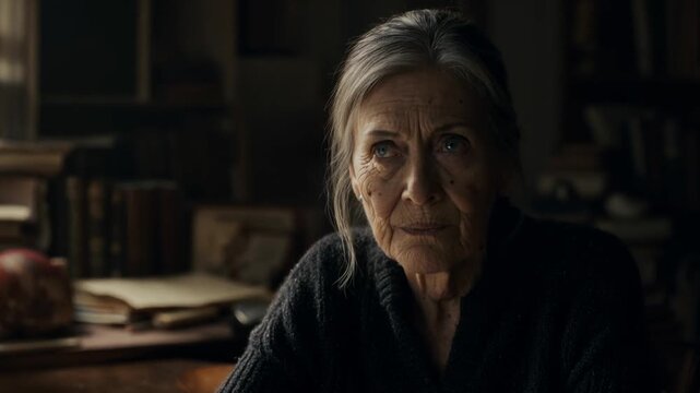 Thoughtful senior woman sitting at her desk in a dimly lit room reminiscing