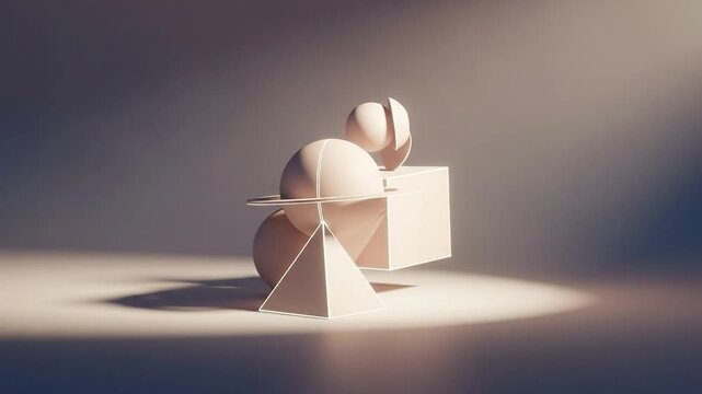 Minimalist arrangement of abstract geometric shapes, including sphere, cube, and pyramid, illuminated in a bright studio.