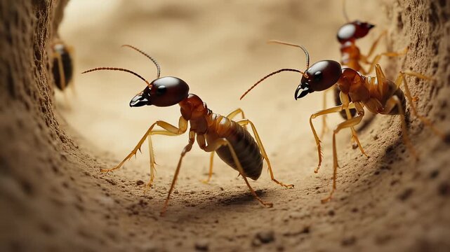 Soldier termites with dark mandibles pace near the tunnel entrance while scanning vibrations with their antennae. The inner beam corridor is softly lit through cracks in the tunnel
