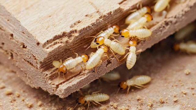 Worker termites engage in biting wood fibers. Chips fall as they carve fresh channels inside a wooden beam. The layers show different textures and signs of moisture