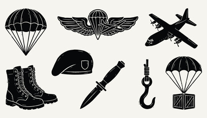 Black and White Paratrooper Vector Collection Combat Gear and Transport Elements