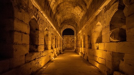 Fototapeta premium catacomb. An ancient stone tunnel with an arched ceiling and carved wall niches. real-estate listings, architecture portfolios, designed for real-estate listing and luxury residence showcases.