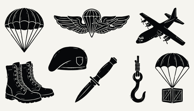 Black and White Paratrooper Vector Collection Combat Gear and Transport Elements