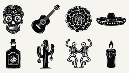 Black and White Linocut Symbols for Dia de Muertos Celebration