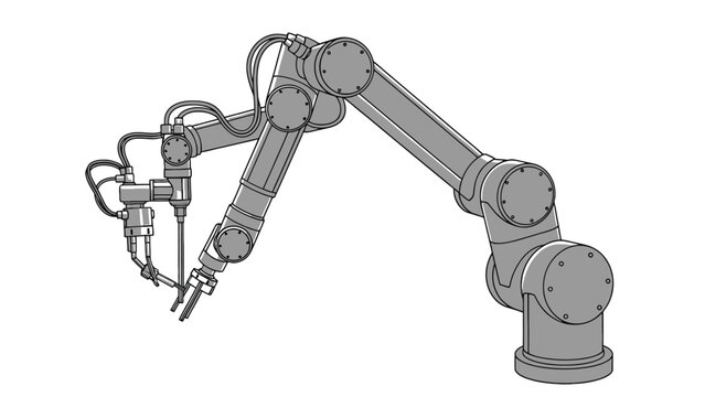 Industrial robotic arm illustration performing precise assembly for medical device manufacturing automation and quality control