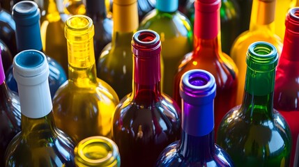 Assorted colorful wine bottles with caps beverage glass