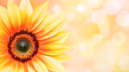 Obraz premium Close up of a yellow sunflower with orange petals and bokeh background