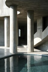 Concrete architecture with round columns and reflective pool