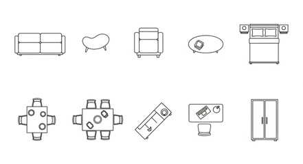 Top Down View Of Various Furniture Items In Blueprint Style. © Kimpling