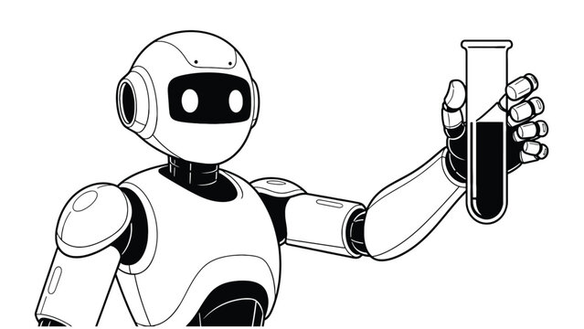 Medical robot holding test tube icon for automated lab testing, diagnostic r&d and biotech procurement vector illustration