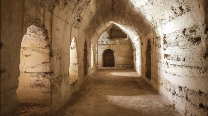 Obraz premium catacomb. An ancient stone tunnel with an arched ceiling and carved wall niches. real-estate listings, architecture portfolios, designed for real-estate listing and luxury residence showcases.