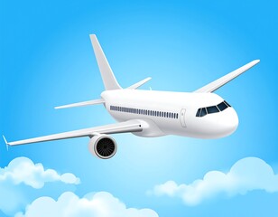 Obraz premium A white airplane flying in a blue sky with clouds (1)