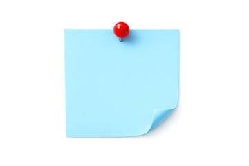 Blue sticky note paper with red pushpin for memo, message, notice, and reminder, transparent background