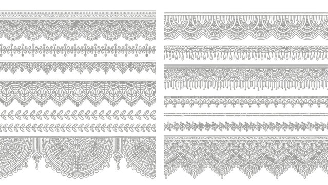 Collection of ornate black and white lace borders and decorative design elements