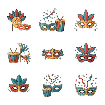 Flat vector illustration of colorful Goa carnival masks and party items, including drums and confetti, against a clean white background with a vibrant and festive atmosphere.