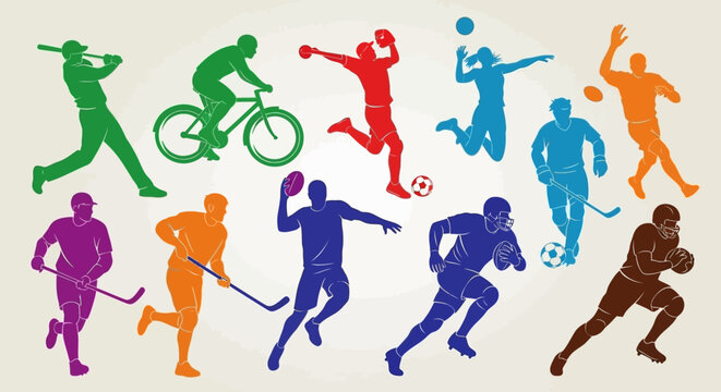 Diverse Group of Athletes Engaged in Various Sports Activities, Dynamic Vector Illustrations