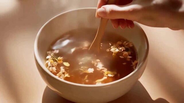 Hand stirs healthy soup in ceramic bowl
