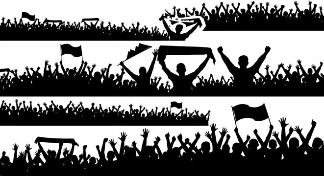 Silhouettes of Cheering Crowd with Flags and Scarves - Event Celebration