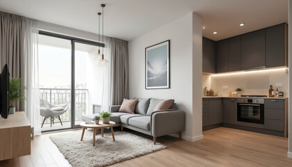 Naklejka premium Modern studio apartment with open plan living area. Gray sectional sofa with coffee table and fluffy rug. Adjacent compact kitchen with dark cabinets and oven.