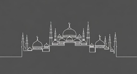 Obraz premium Minimalist Line Art Drawing of a Grand Mosque with Multiple Domes and Minarets on a Dark Background.