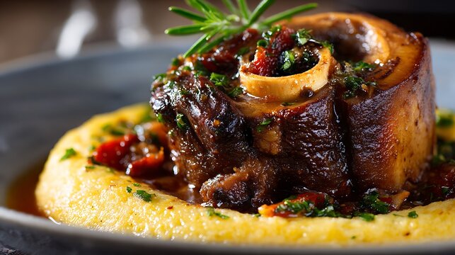 Osso buco, a gourmet braised veal shank, is served on creamy polenta with sun-dried tomatoes.