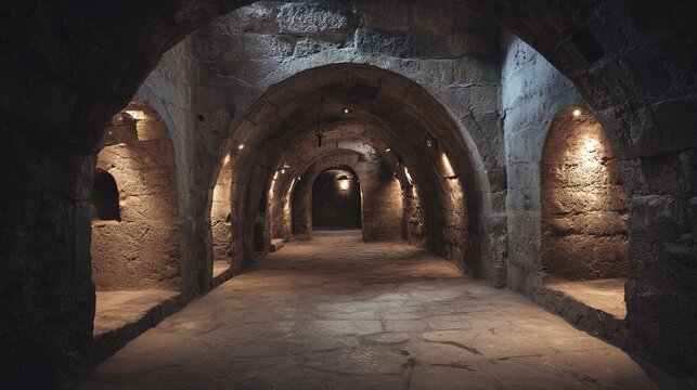 catacomb. An ancient stone tunnel with an arched ceiling and carved wall niches. real-estate listings, architecture portfolios, designed for real-estate listing and luxury residence showcases.