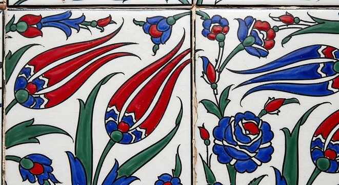 Traditional Turkish Iznik Ceramic Tiles with Red Tulips and Blue Flowers.