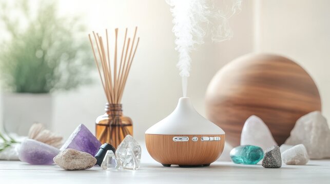 A harmonious scene with essential oils, a bamboo diffuser, and meditation props like crystals and incense  on blurred background