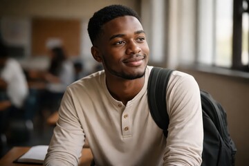 Obraz premium Smiling male student sitting in university classroom away, people, student, african, high school, university, education