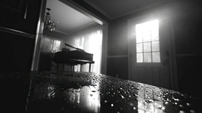Black and white interior with piano and water droplets.