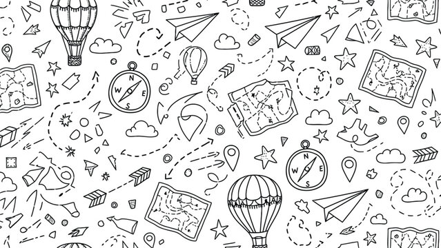 Travel-themed doodle icons and symbols seamless pattern.