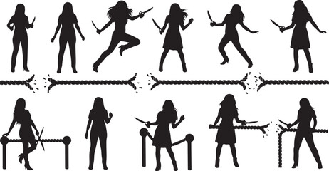 Obraz premium Silhouette of woman in various fighting poses with swords