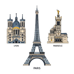 Obraz premium Landmarks of Lyon, Paris, and Marseille