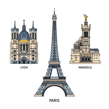Landmarks of Lyon, Paris, and Marseille