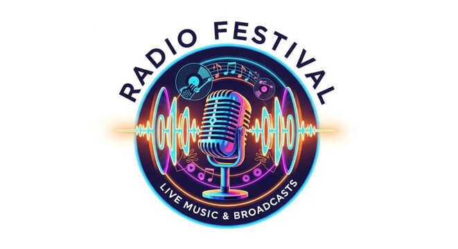 Vibrant radio festival logo with microphone and sound waves on white background for live music and broadcasts