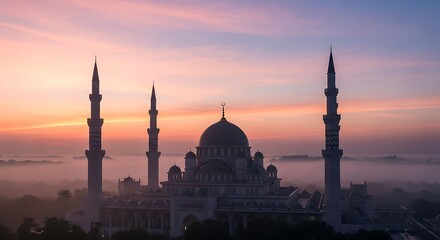 Obraz premium Beautiful Mosque Silhouette at Sunrise with Foggy Atmosphere.