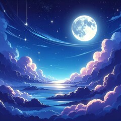 A serene nighttime landscape with a large moon shining brightly