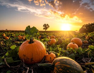A serene pumpkin field at sunset with vibrant orange pumpkins and lush green leaves