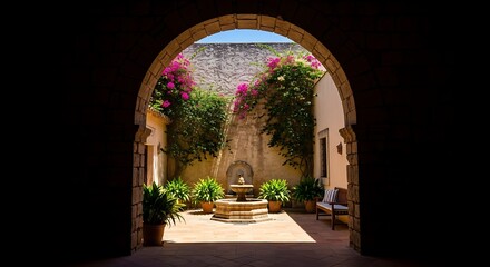 Fototapeta premium Elegant courtyard archway with fountain and lush greenery.