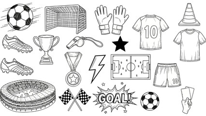 Black and white illustration of various soccer related objects and equipment