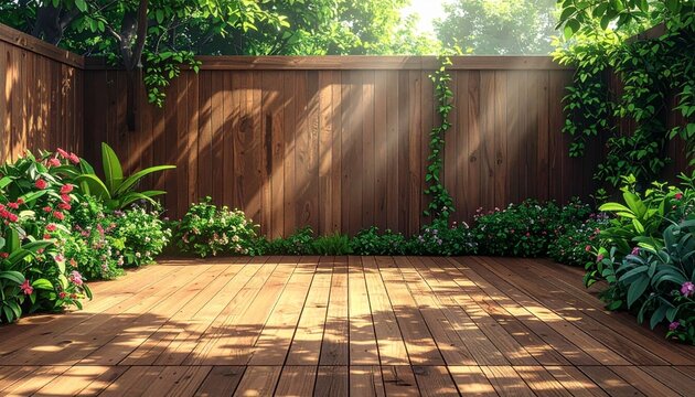 Wooden deck with green foliage and brown fence background outdoor backyard