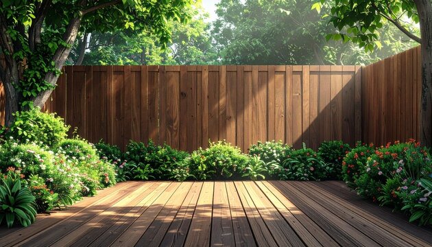 Wooden deck with green foliage and brown fence background outdoor backyard
