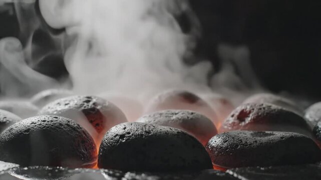 Hot Steam Rising From Hot Stones on Dark Background Macro Shot