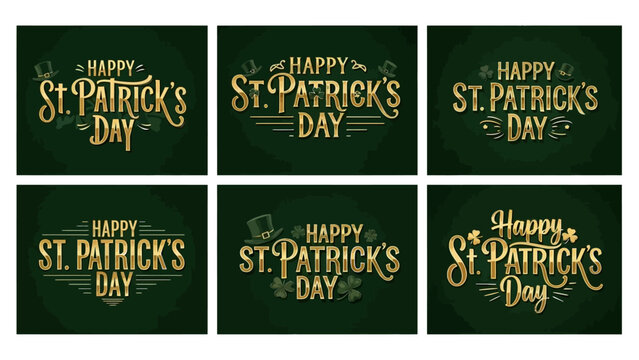 Six st patrick s day graphic tiles with gold lettering on a dark green background