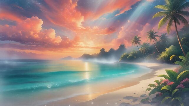 Tropical beach scene at sunset with palm trees swaying gently in the breeze overlooking a serene turquoise ocean