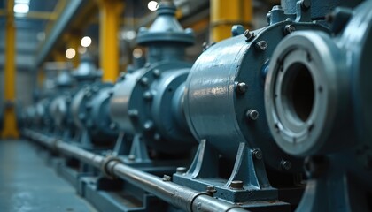 Row of industrial pumps in a factory. Metal machinery with pipes and valves. Electric units ready for use in production. Heavy equipment for fluid transport.